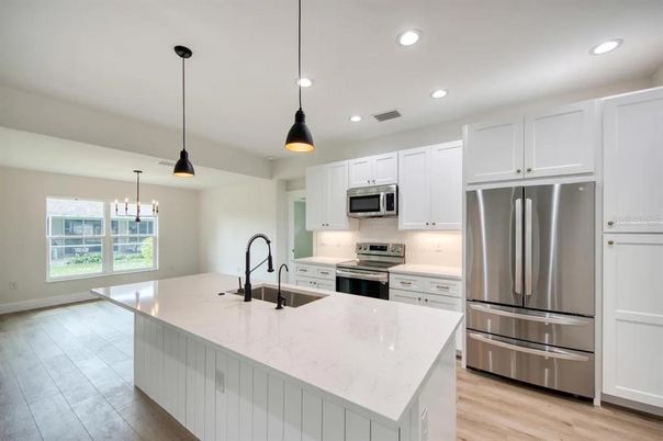 Interior, Kitchen, Pendant Lights, Recessed Lighting, Stainless Steel Appliances, Wood Texture Flooring