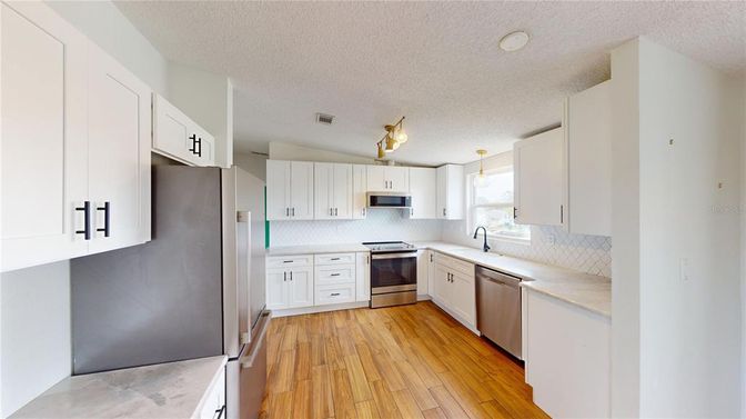 Interior, Kitchen, Stainless Steel Appliances, Wood Texture Flooring
