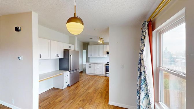 Interior, Kitchen, Pendant Lights, Stainless Steel Appliances, Wood Texture Flooring