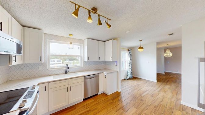 Interior, Kitchen, Pendant Lights, Wood Texture Flooring