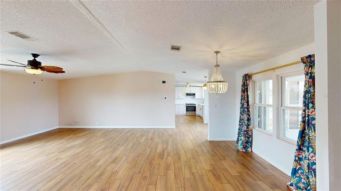Chandelier, Empty room, Interior, Kitchen, Wood Texture Flooring