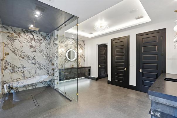 Bathroom, Glass Shower, Interior, Marble Walls, Recessed Lighting