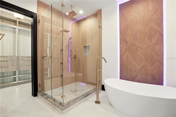 Bathroom, Free Standing Baths, Glass Shower, Interior, Recessed Lighting, Wooden Walls