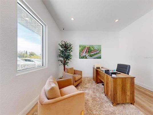 Home Office, Interior, Recessed Lighting, Wood Texture Flooring
