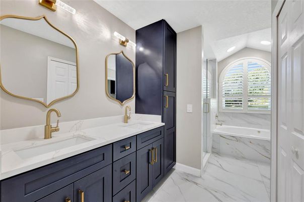 Bathroom, Dual Sink Vanities, Interior, Marble, Recessed Lighting