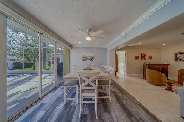 Dining room, Interior, Recessed Lighting, Wood Texture Flooring