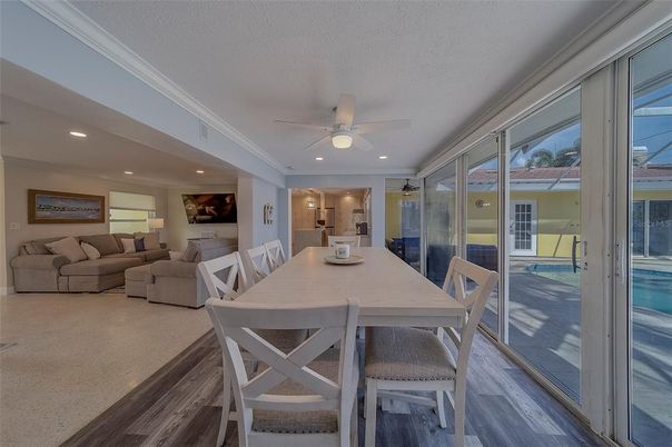Dining room, Interior, Living room, Recessed Lighting, Wood Texture Flooring