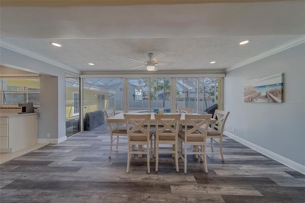 Dining room, Interior, Recessed Lighting, Wood Texture Flooring