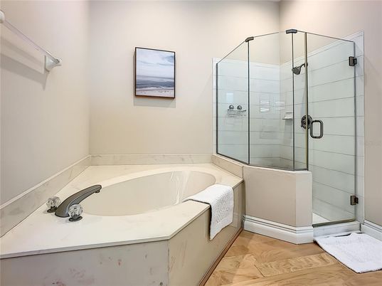 Bathroom, Glass Shower, Interior, Wood Texture Flooring