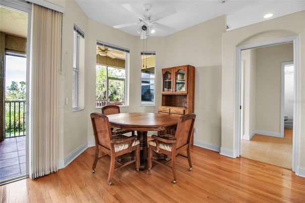 Dining room, Interior, Recessed Lighting, Wood Texture Flooring