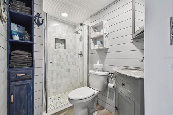 Bathroom, Glass Shower, Interior, Recessed Lighting, Wood Texture Flooring