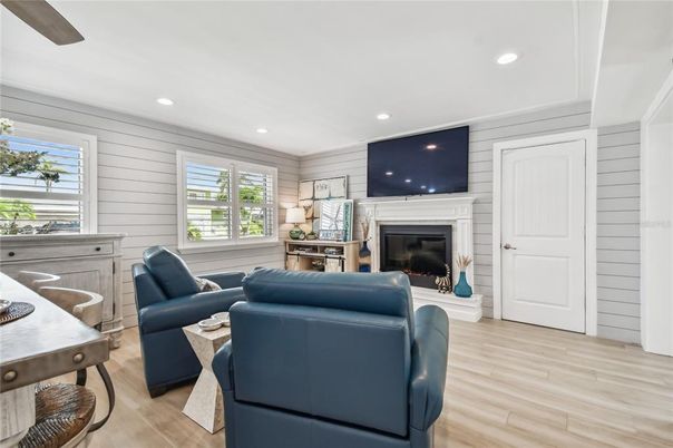Fireplace, Interior, Living room, Recessed Lighting, Wood Texture Flooring