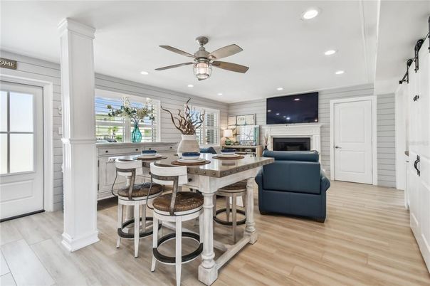 Fireplace, Interior, Recessed Lighting, Wood Texture Flooring