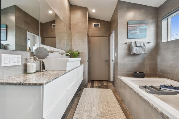 Bathroom, Interior, Recessed Lighting, Wood Texture Flooring
