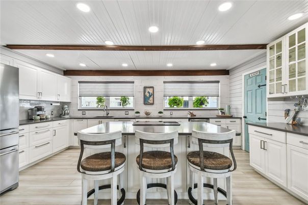 Interior, Kitchen, Recessed Lighting, Stainless Steel Appliances, Wooden Beams, Wood Texture Flooring