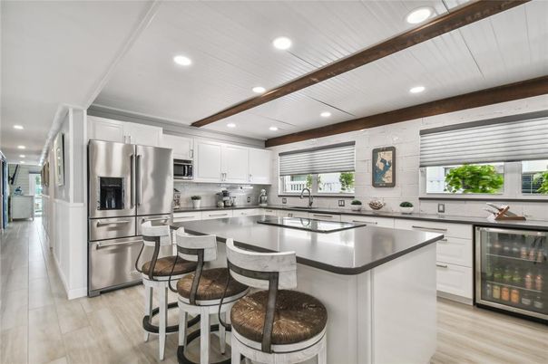 Interior, Kitchen, Recessed Lighting, Stainless Steel Appliances, Wooden Beams, Wood Texture Flooring