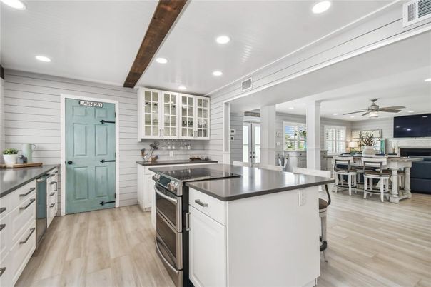 Dining room, Interior, Kitchen, Recessed Lighting, Stainless Steel Appliances, Wooden Beams, Wood Texture Flooring
