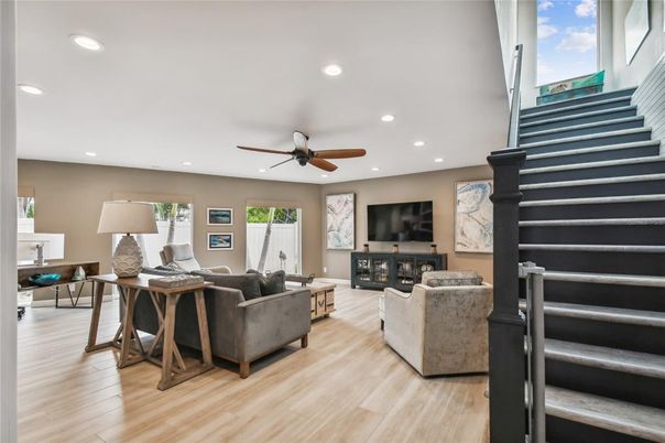 Fireplace, Interior, Living room, Recessed Lighting, Wood Texture Flooring