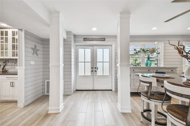 Dining room, Interior, Recessed Lighting, Wood Texture Flooring