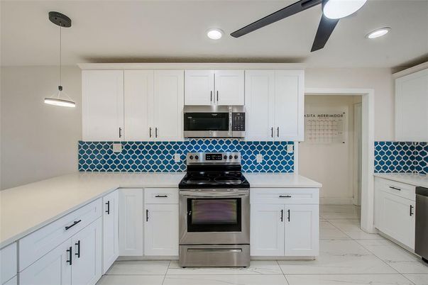 Interior, Kitchen, Marble, Pendant Lights, Recessed Lighting, Stainless Steel Appliances