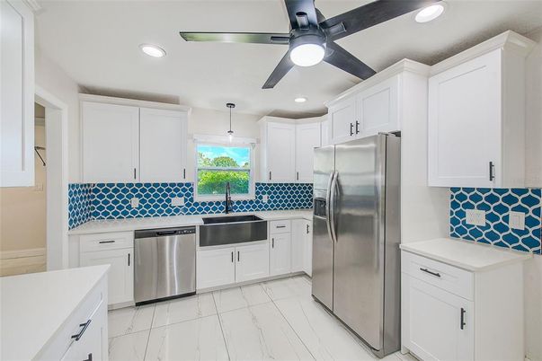 Interior, Kitchen, Marble, Pendant Lights, Recessed Lighting, Stainless Steel Appliances