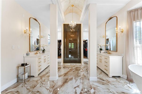 Bathroom, Chandelier, Dual Sink Vanities, Free Standing Baths, Glass Shower, Interior, Marble, Recessed Lighting