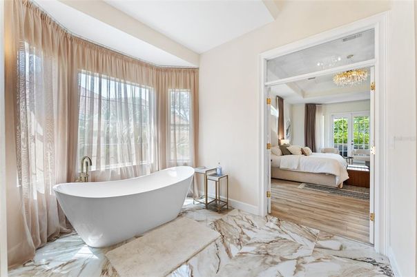 Bathroom, Bedroom, Chandelier, Free Standing Baths, Interior, Marble, Wood Texture Flooring