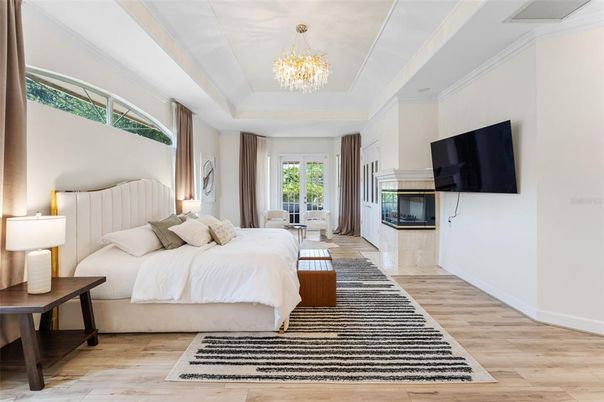 Bedroom, Chandelier, Interior, Wood Texture Flooring