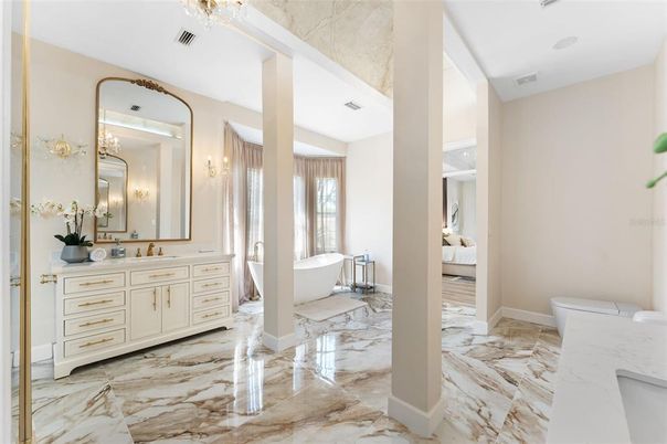 Bathroom, Bedroom, Dual Sink Vanities, Free Standing Baths, Interior, Marble, Recessed Lighting