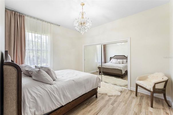 Bedroom, Chandelier, Interior, Wood Texture Flooring