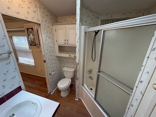 Bathroom, Glass Shower, Interior, Wood Texture Flooring