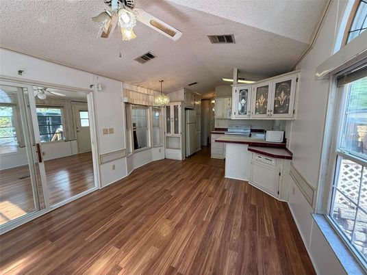 Chandelier, Empty room, Interior, Kitchen, Pendant Lights, Wood Texture Flooring