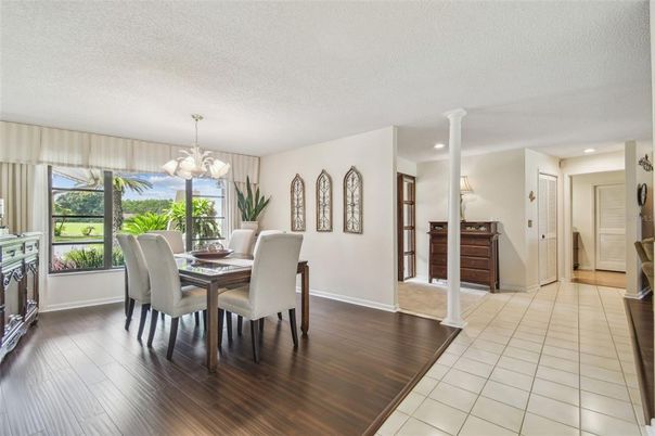Chandelier, Dining room, Interior, Pendant Lights, Recessed Lighting, Wood Texture Flooring