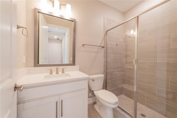 Bathroom, Glass Shower, Interior, Wood Texture Flooring