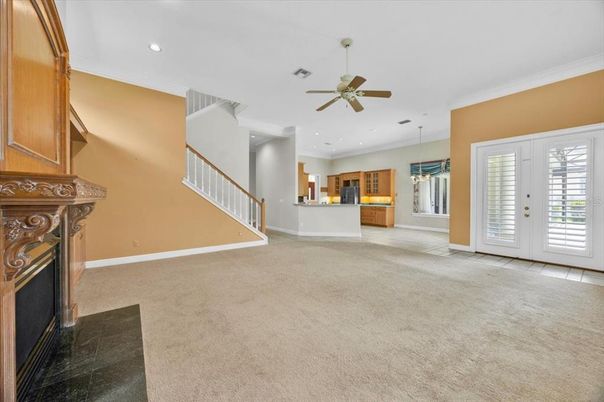 Empty room, Fireplace, Interior, Kitchen, Pendant Lights, Recessed Lighting