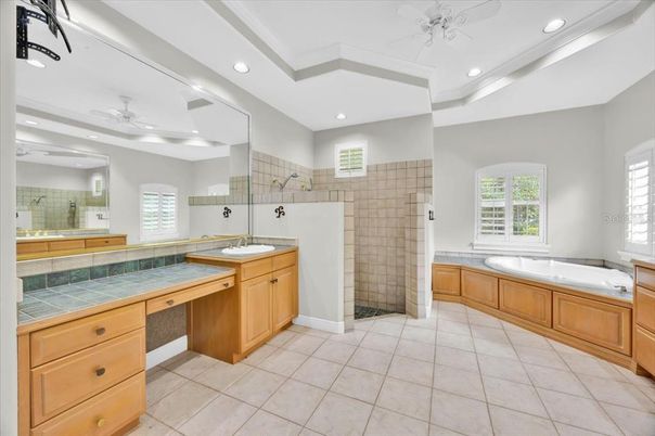 Bathroom, Dual Sink Vanities, Glass Shower, Interior, Recessed Lighting, Tile Countertops