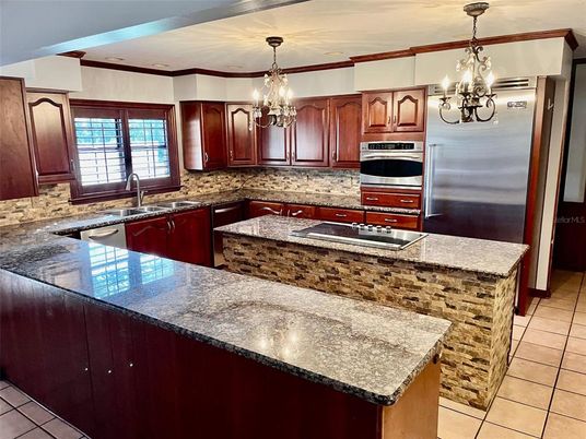 Chandelier, Interior, Kitchen, Pendant Lights, Stainless Steel Appliances