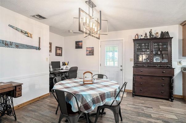 Dining room, Interior, Pendant Lights, Wood Texture Flooring