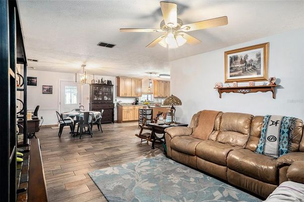 Dining room, Interior, Kitchen, Living room, Pendant Lights, Wood Texture Flooring
