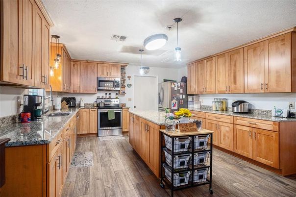 Interior, Kitchen, Pendant Lights, Wood Texture Flooring