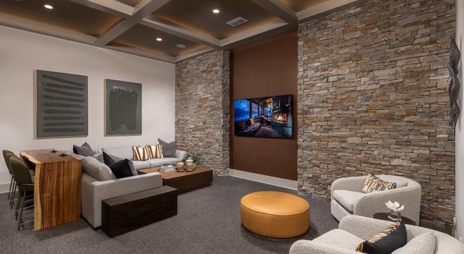 Interior, Living room, Recessed Lighting, Stone Walls