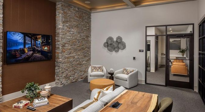 Interior, Living room, Recessed Lighting, Stone Walls