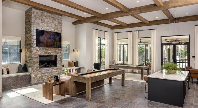 Billiard Table, Fireplace, Game Room, Interior, Pendant Lights, Recessed Lighting, Stone Walls, Wooden Beams