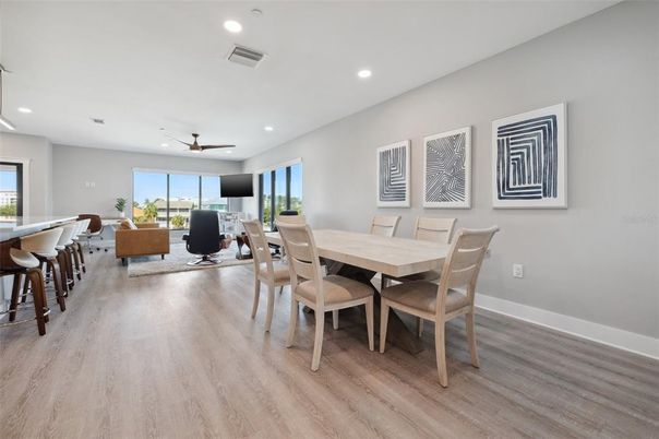 Dining room, Interior, Living room, Recessed Lighting, Wood Texture Flooring