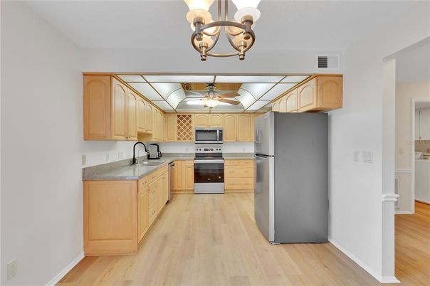 Chandelier, Interior, Kitchen, Stainless Steel Appliances, Wood Texture Flooring