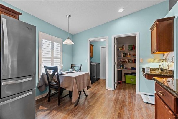 Dining room, Interior, Kitchen, Pendant Lights, Recessed Lighting, Wood Texture Flooring