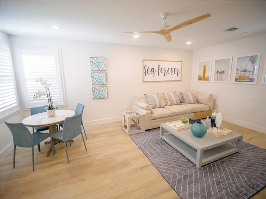 Dining room, Interior, Living room, Recessed Lighting, Wood Texture Flooring