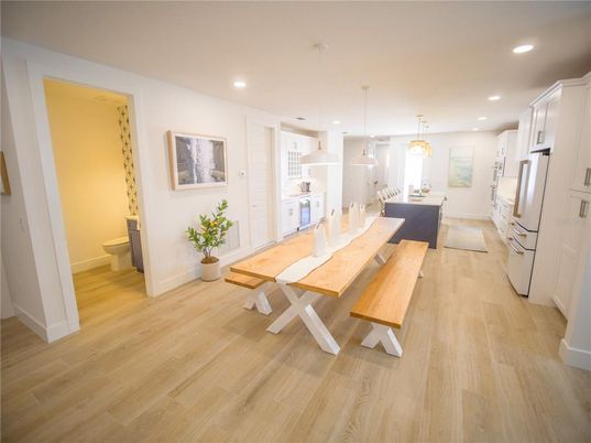 Dining room, Interior, Kitchen, Pendant Lights, Recessed Lighting, Wood Texture Flooring