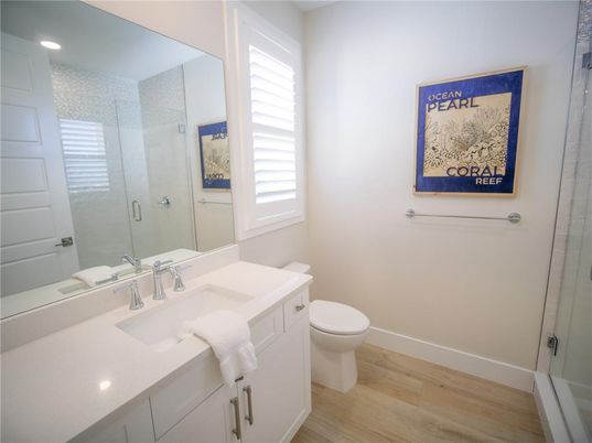 Bathroom, Glass Shower, Interior, Recessed Lighting, Wood Texture Flooring