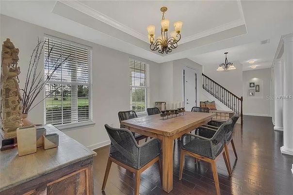 Chandelier, Dining room, Interior, Wood Texture Flooring